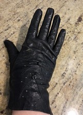 Vintage Womens Size S/M Black Leather Rayon Formal Gloves 3D Detail