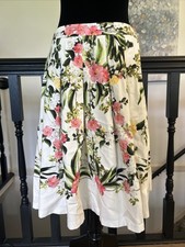 Talbots Floral Pleated A-Line Skirt White Pink Green Knee Length Size 4
