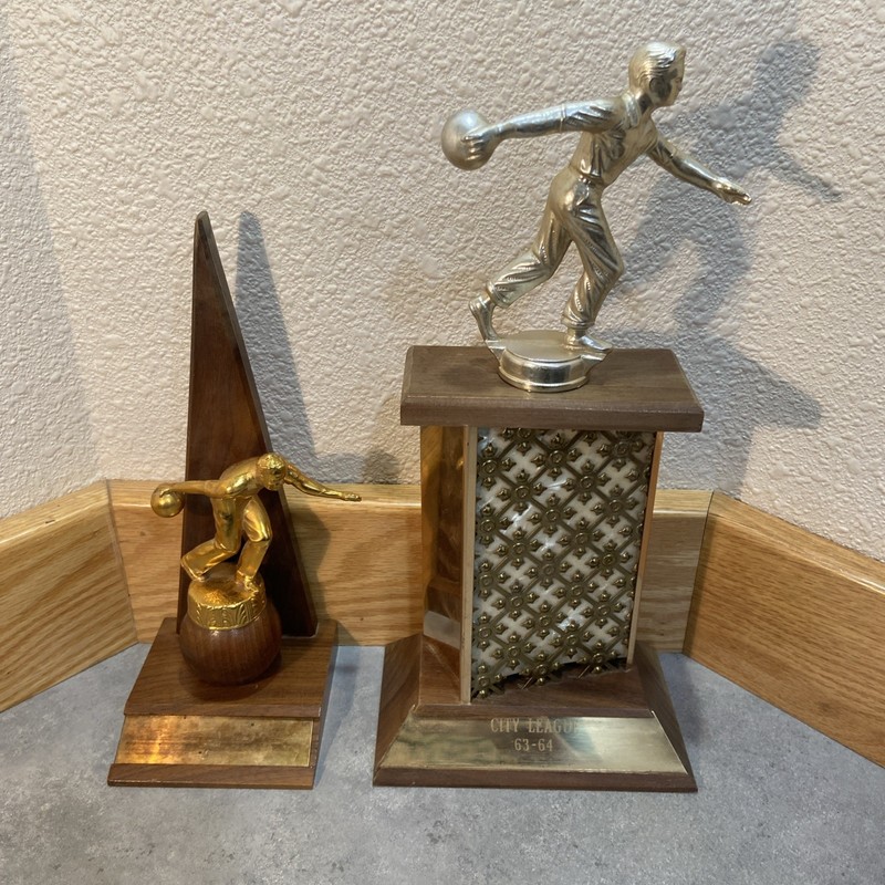 Lot of 2 Mid Century Modern Vintage Bowling Trophies Wood And Metal