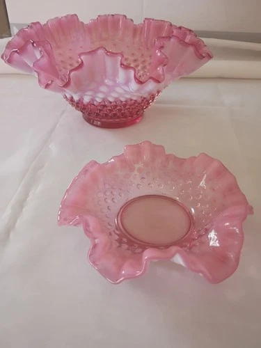 Fenton Opalescent Cranberry Pink Glass Hobnail Ruffled 9" Bowl and Candy Dish