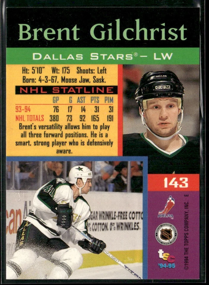 1994-95 Stadium Club Brent Gilchrist Super Teams Stanley Cup Champion #143 Stars - Image 2 of 2