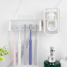 5 Slot Wall Mount Toothbrush Holder w/ Cover Auto Toothpaste Dispenser