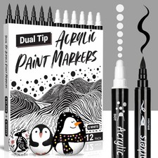 KERIFI Black and White Paint Pens, 12 Dual Tip Acrylic Paint Marker Brush Tip 