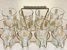 VTG MCM GLASS TUMBLERS W/ METAL CARRIER Autumn Golden Wheat Deco Set of 8 VGC
