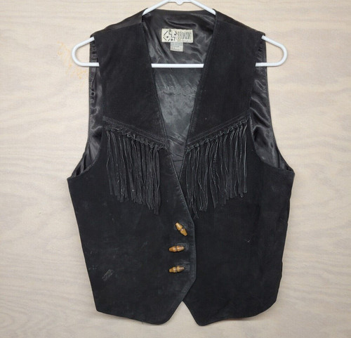 Vintage B B Dakota Leather Vest Genuine Suede Leather Fringe Harley Patch Black