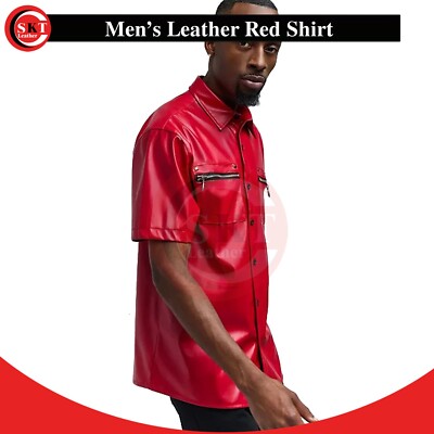 Men's Red Short Sleeve Front Zipper Pocket Leather Genuine Lambskin Shirt Causal