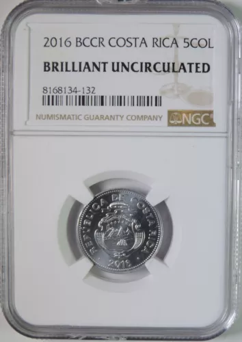 2016 BCCR Costa Rica 5 Five Colones Coin NGC Graded Brilliant Uncirculated