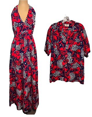 Vintage Hukilau Hawaiian Honeymoon Wedding Matching Set Dress 12 Shirt L/XL
