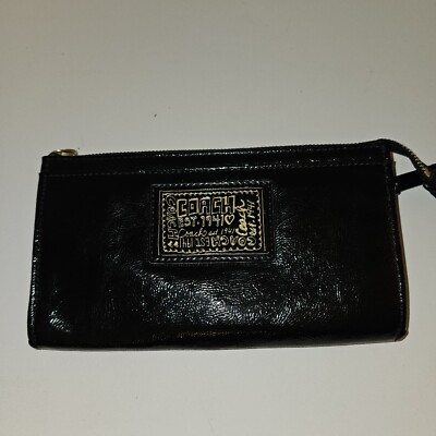Coach Black Textured Leather Gold Poppy Wallet Wristlet Zip Around