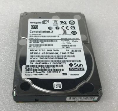 SUN ORACLE 542-0371-01 ST950001NSSUN500G 500GB 390-0492-01 7.2K 2.5" SATA HDD - Image 1 of 2