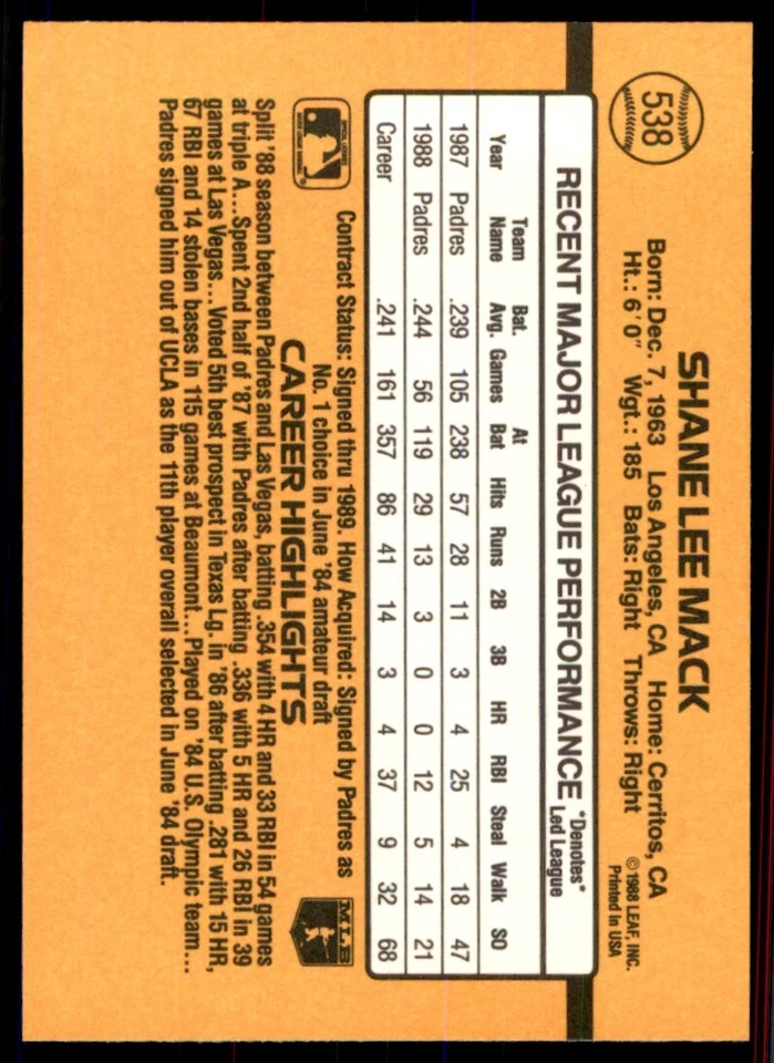 1989 Donruss Shane Mack San Diego Padres #538 - Image 2 of 2