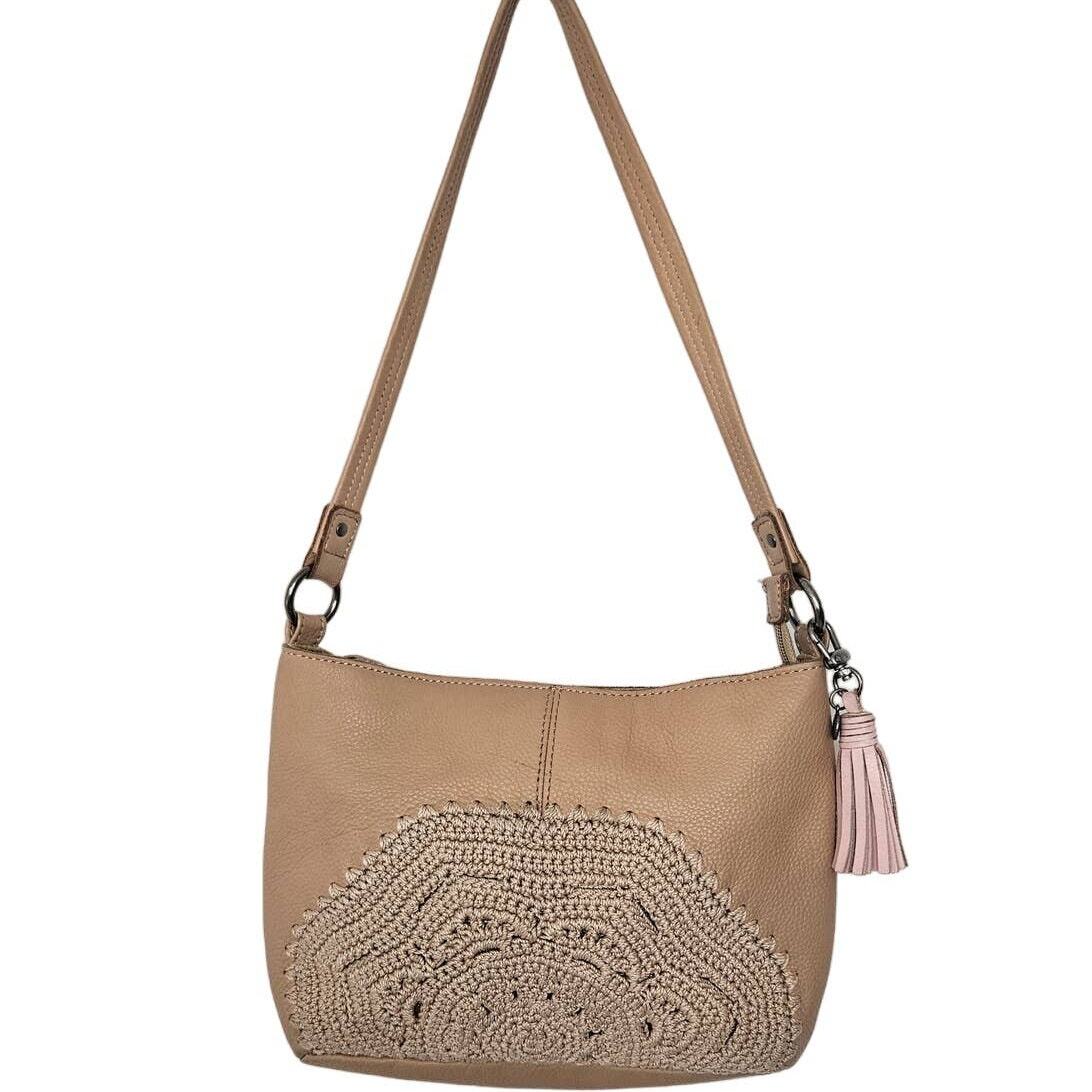 The Sak Indio Small Hobo Sahara Leather Crochet Shoulder Bag Purse Boho