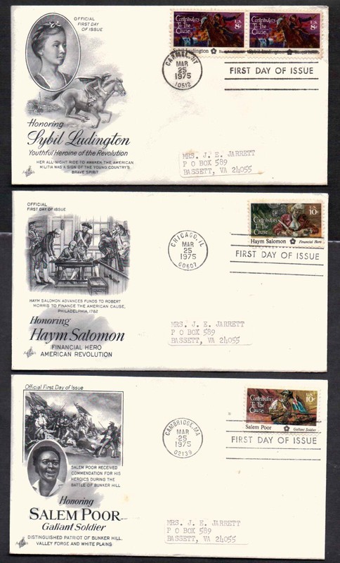 US #1559-1564, 6 FDCs-4 Art Craft +2 Premiere, 1975--Peter Francisco, Ludington