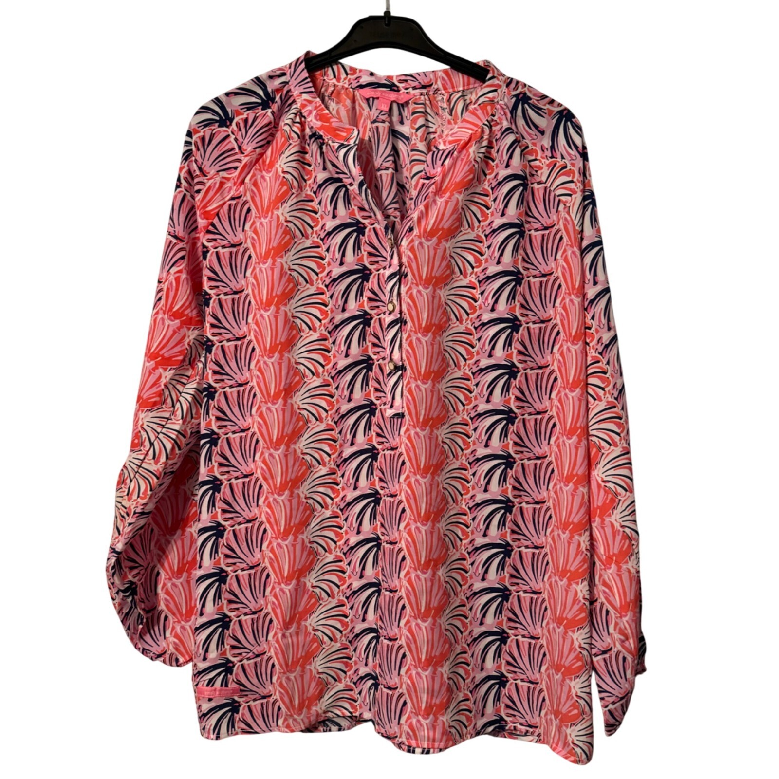 Simply Southern Womens Size XL Blouse Pink/Navy Floral Print Relaxed Fit top