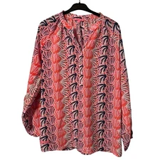 Simply Southern Womens Size XL Blouse Pink/Navy Floral Print Relaxed Fit top