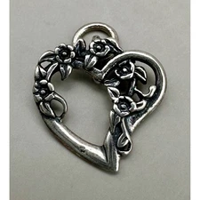 Heart Floral Garland Slide Pendant Signed Sterling Silver Charm Flowers Vine