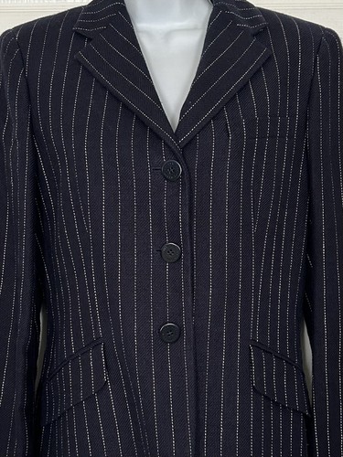 Vintage Lauren Ralph Lauren Navy & White Pin Stripe Linen Blazer Jacket Size 4 - Picture 4 of 7