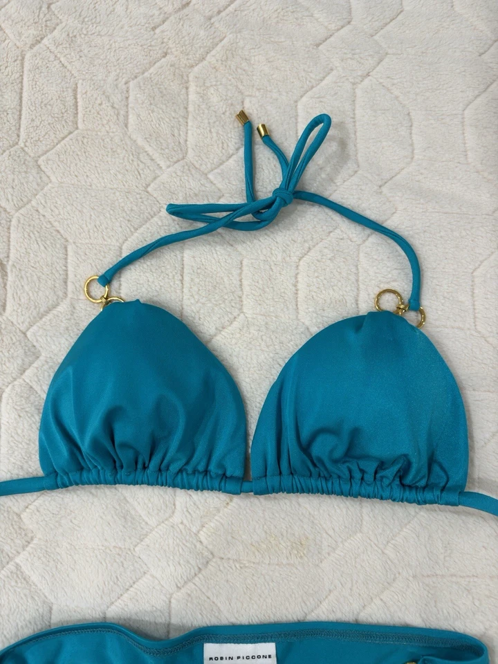 Suite de baño Robin Piccone azul cian con inserciones doradas almohadillas extraíbles talla L Foto 2 de 4