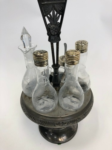 18" Antique Meriden Quadruple Quad Silver Plate Britannia Lazy Susan Cruet Caddy - Picture 4 of 12