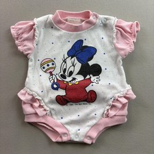 Vintage Disney Minnie Mouse Romper One Piece Baby 0-3 Months White Pink Snap 80s