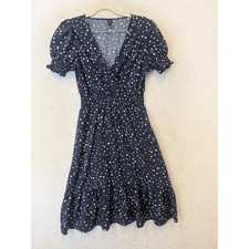 SHEIN Dress Women's Small Navy Blue Polka Dot Smocked Ruffle Hem Puff Sleeve