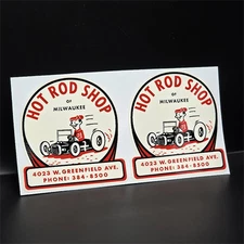 HOT ROD SHOP OF MILWAUKEE (Pair) Vintage Style DECALs, vinyl STICKERs, racing