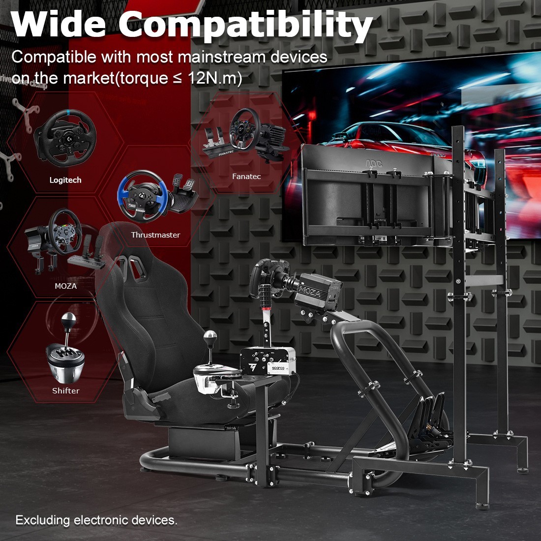 Zootopo Racing Sim Cockpit With Black Seat & Triple TV Stand Fits Thrustmaster