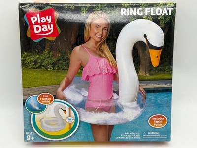 Play Day Swan Ring Pool Float With Real Feathers & Repair Patch Ages 9+ 41x31.5x