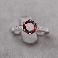 925 Sterling Silver Red Garnet Ring Round Cut Natural Gemstone Pave Band Ring