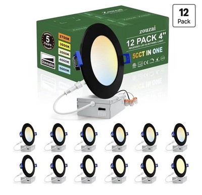 12 Pack 4 Inch Black 5CCT Reset Ultra-Thin LED Recessed Ceiling Light with Junct
