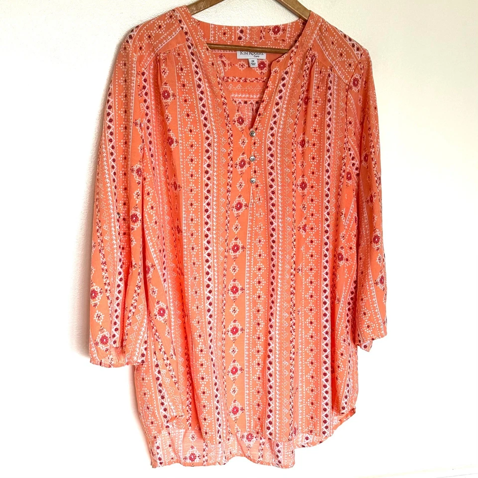 Kim Rogers Túnica Curvy Para Mujer 2X Naranja Floral Manga 3/4 Camisa Ligera Top Foto 2 de 4