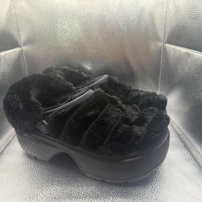 Size 8M/10W Crocs Black Unisex Stomp Lined Quilted Clog Platform Fuzzy Slippers