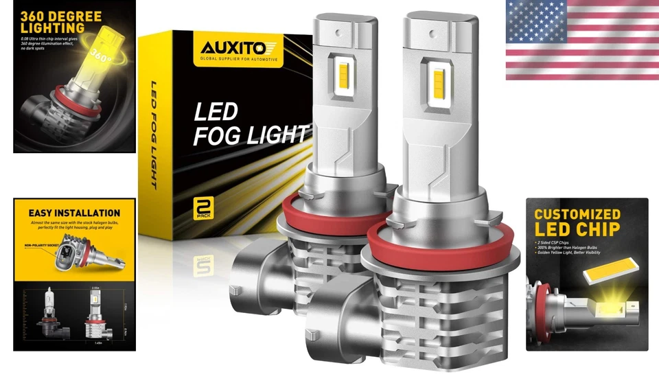 H11 H8 Fanless LED Fog Light Bulbs - 6000LM, 3000K Golden Yellow, Pack of 2 - Image 2 of 4