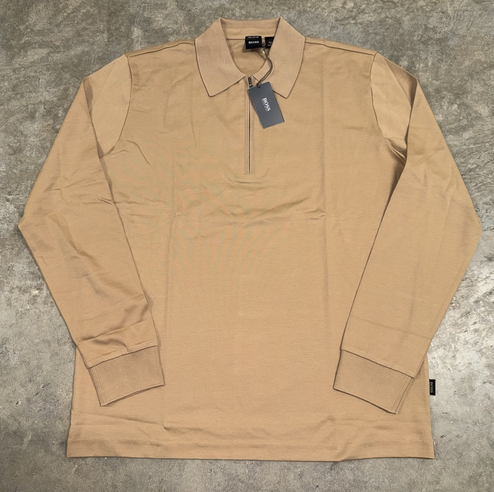 Hugo Boss Pima Cotton Polo Shirt Mens Med Tan Long Sleeve 1/4 Zip Knit NEW NWT thumbnail 2