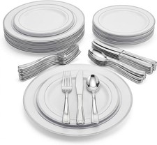 Elegant 125-Piece Disposable Dinnerware Set with Silver Rim   Includes 25 Dinner