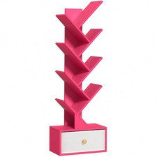 8 Tier Tree Bookshelf with Drawer, Free Standing Wood Bookcase for Narrow Spa...