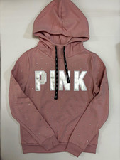 PINK Victoria's Secret Pink Rhinestone Logo Fleece Pullover Hoodie S Pockets