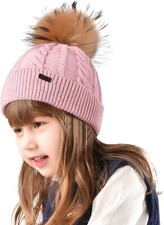 Kids Winter Beanie Hat Real Fur Pom Knit Hat Age 2-8  OS, Purple Pink 