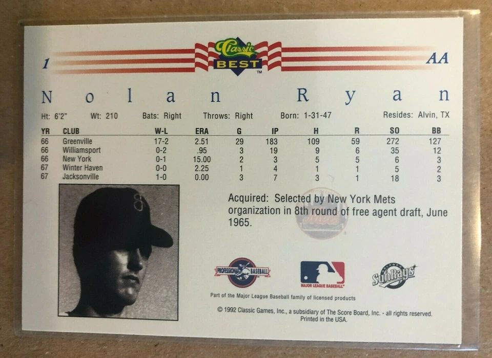 1992 CLASSIC BEST JACKSONVILLE SUNS NOLAN RYAN # 1 - Image 2 of 2