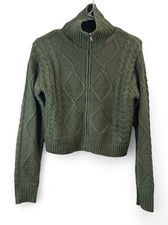 Olive Green Cropped Cable Knit Sweater With Diamond Pattern  Full Zipper