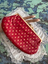 Vtg Red Leather Coin Purse Gold Fleur De Lis Made in Italy Kiss Lock Soft 8  