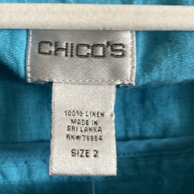 Chicos jacket women's 2 Linen Teal Hook Closure ruffle accent