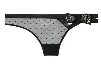 Victorias Secret Black Satin Rhinestones Bow Luxe Thong Panty Size M Polka Dots