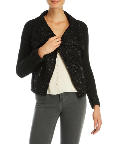 SIONI WOMENS BLACK TWEED DRAPE OPEN 