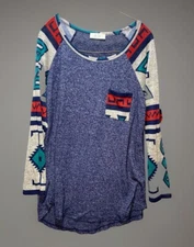 BE Stage Tribal Print Half Sleeve Blouse Navy Teal Gray Made In USA