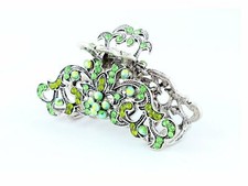 Antique silver metallic hair claw clip with colored rhinestones - Green
