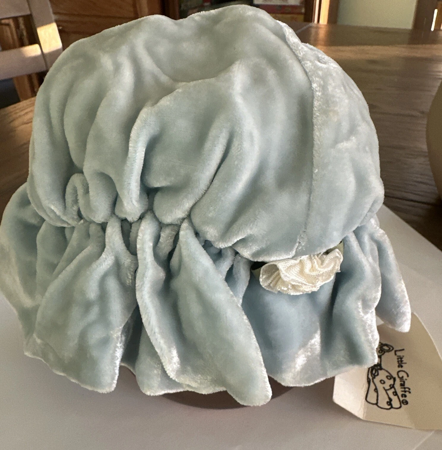 Rare Vtg Retired LITTLE GIRAFFE Velvet Baby Blue Bonnet Hat Cap Satin Lined 3-6m