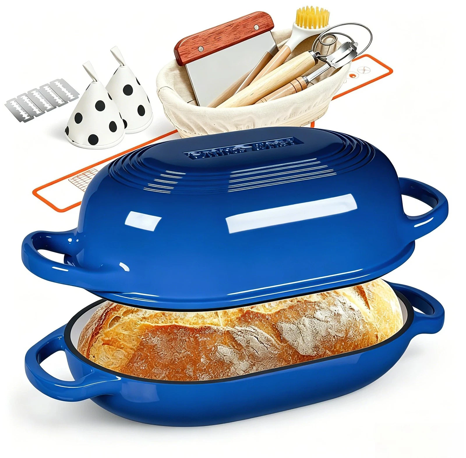 Iron Cast Dutch Oven 5QT Bread Baking with Lid Blue Enameled incl. Sourdough
Opens in a new window o