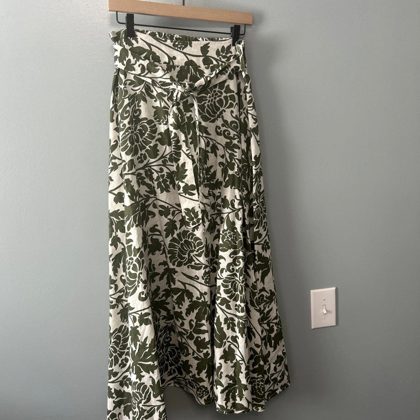 Made In Italy, Elastic waist With Tie, Maxi Skirt, Linen Green/White Floral M