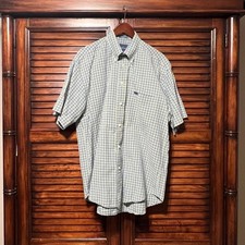 Faconnable Mens Large Green Blue Plaid Short Sleeve Button Down Shirt USA Made